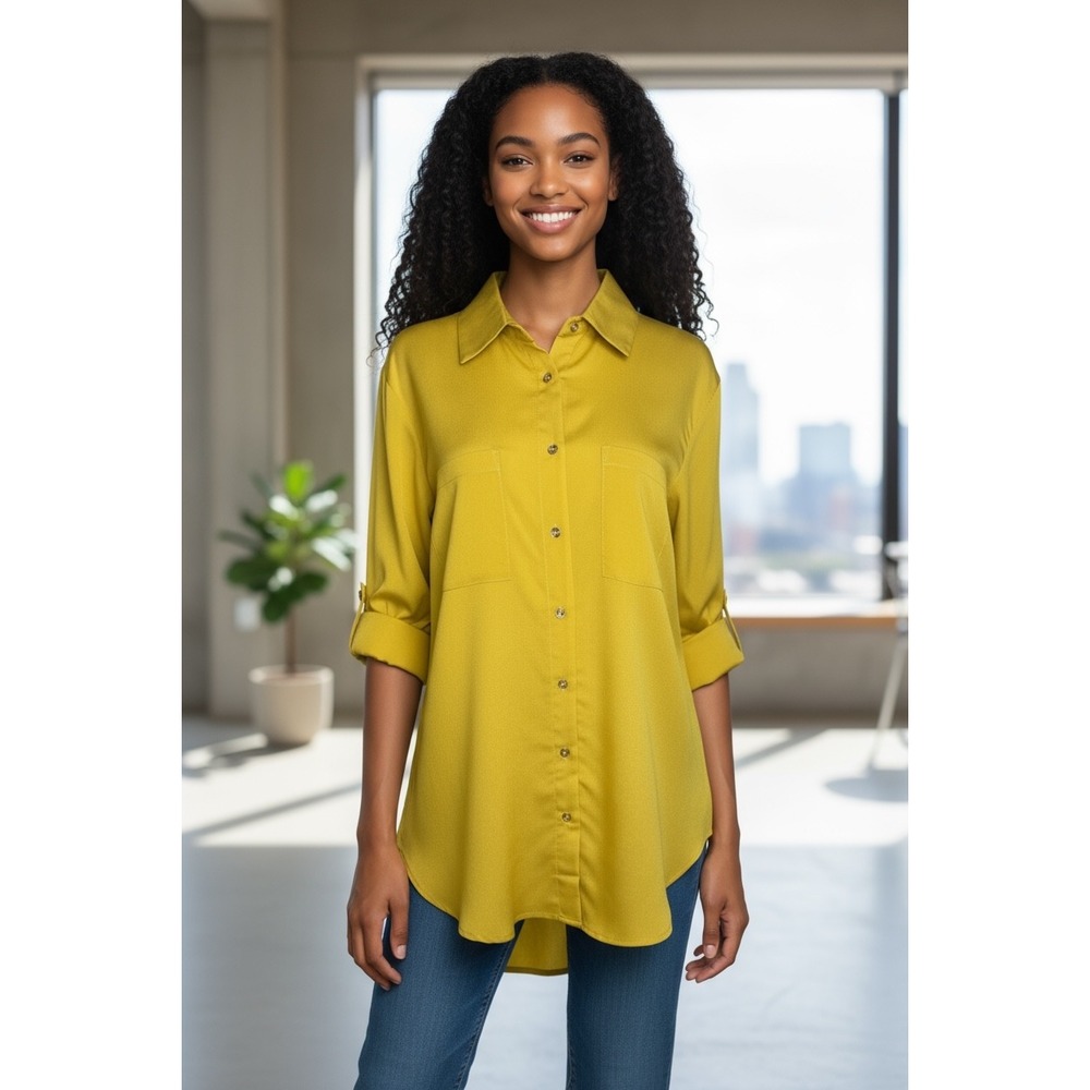 Premise Studio Button Down Tunic Top Roll Tab Sleeve Gold Size Medium NWT